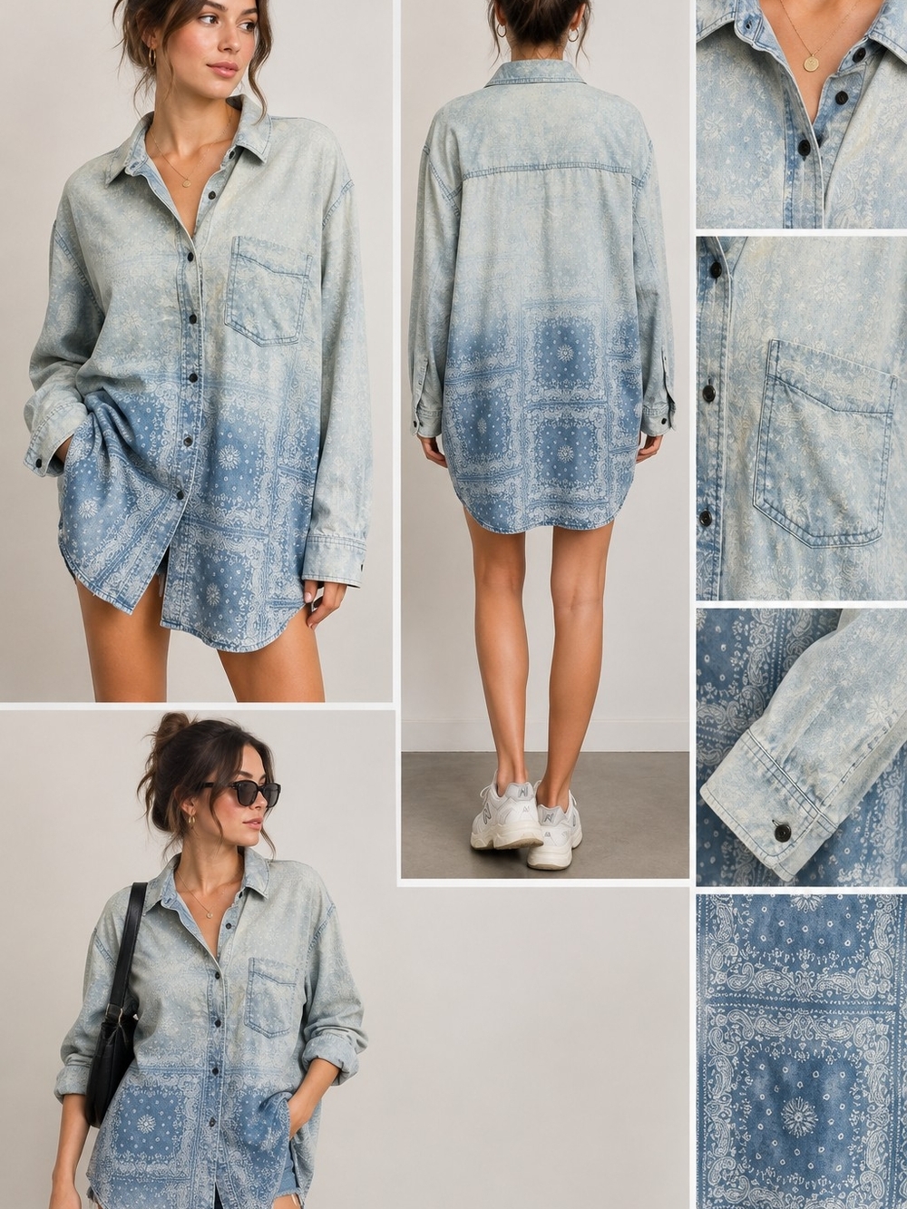 American Eagle Outfitters Light Blue Washed Bandana-Print Oversized Shirt Dress